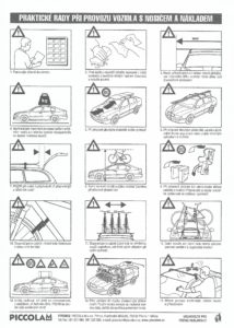 Patnáct obrázků s radami při provoru vozidla s nosičem kol