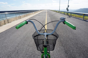 Silniční kolo se zelenými řídítky uprostřed pohled jezdce na silnici se žlutou plnou čárou před sebe se zábradlím po obou stranách a krajinou v pozadí